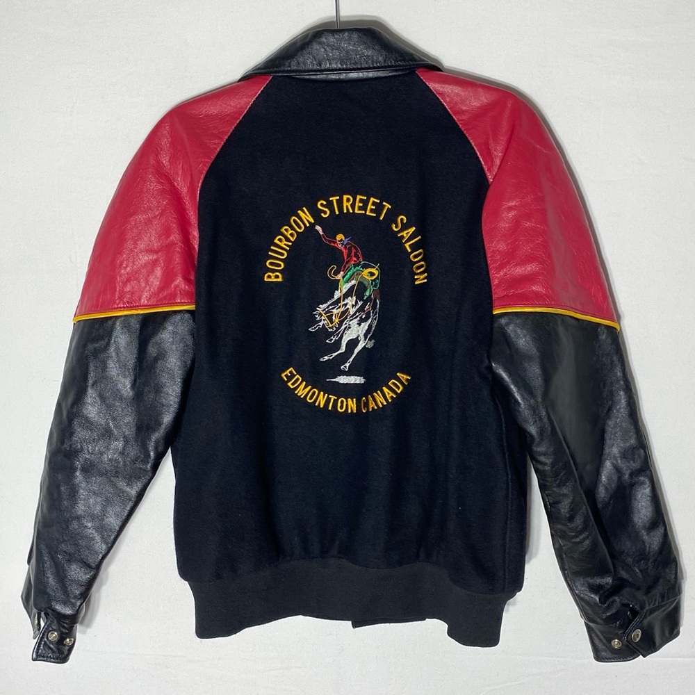 Vintage Black Red Leather & Wool Bourbon Street Saloon Edmonton AB Bomber Jacket